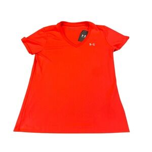 Under Armour Womens Tech SSV Solid V-Neck T-Shirt Neon Pink Orange Medium